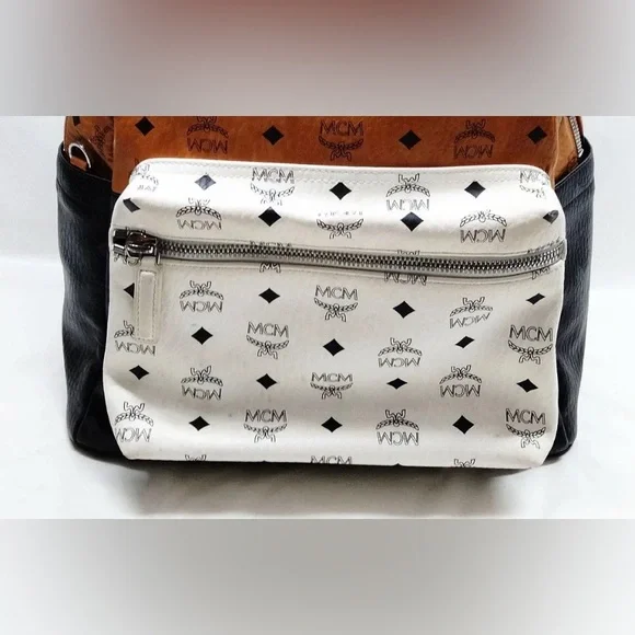 Authentic MCM BackPack Bag  Black Tan White leather pvc - Picture 10 of 11